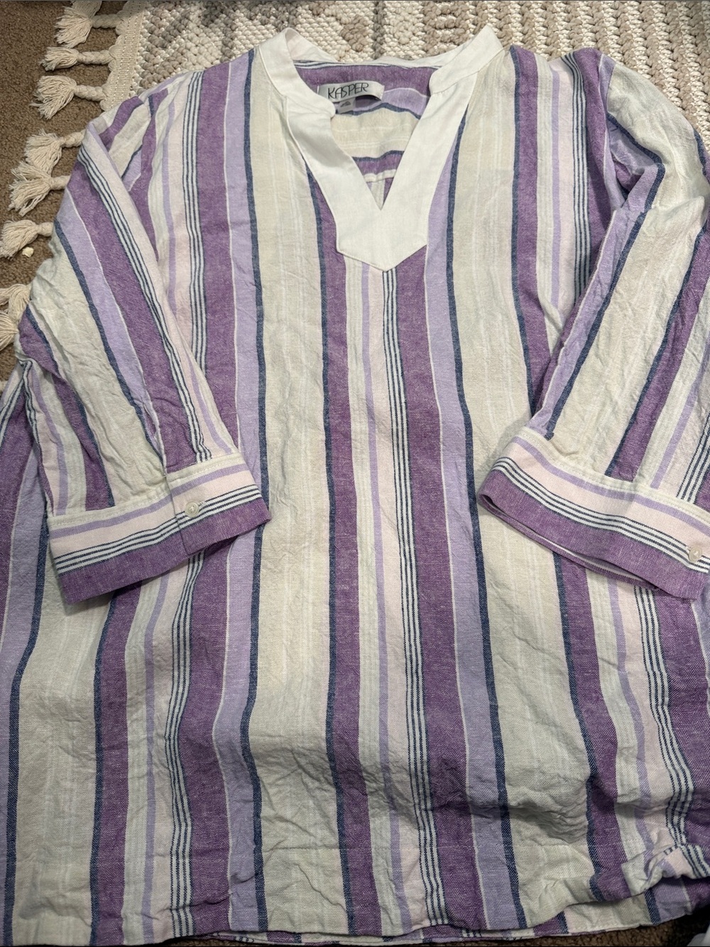Kasper Lavender and White Striped V-Neck Tunic